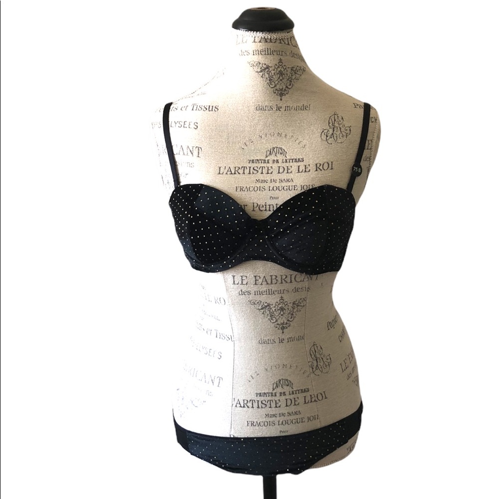 Classy Black Studded Velvet Bra Thong Set